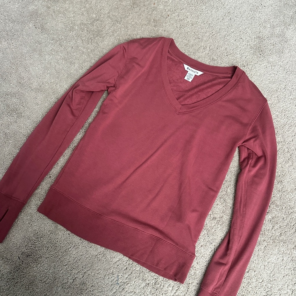 Athleta Maroon V-Neck Long Sleeve Top